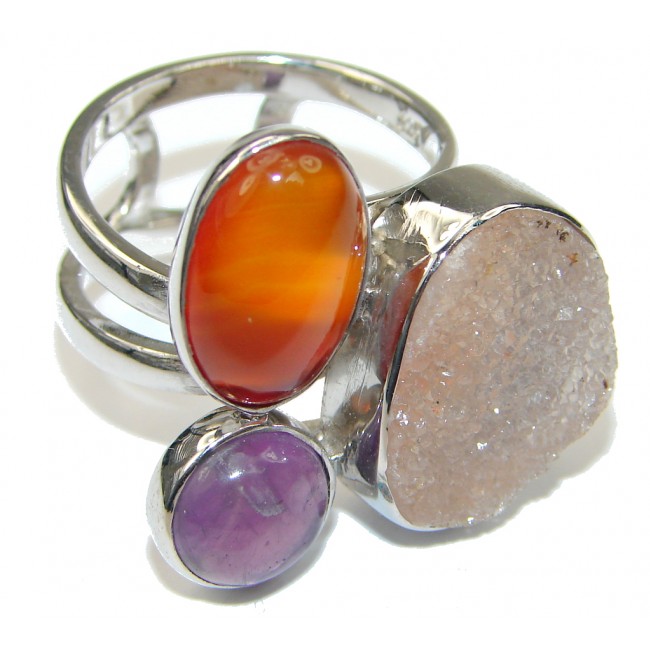 Pale Beauty! Agate Druzy Sterling Silver Ring s. 8 1/4