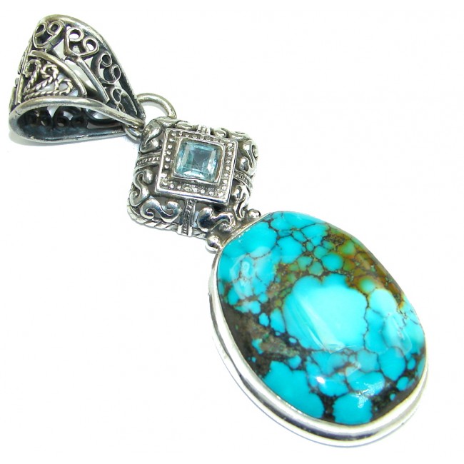 Simple! Spider Web Blue Turquoise Sterling Silver Pendant