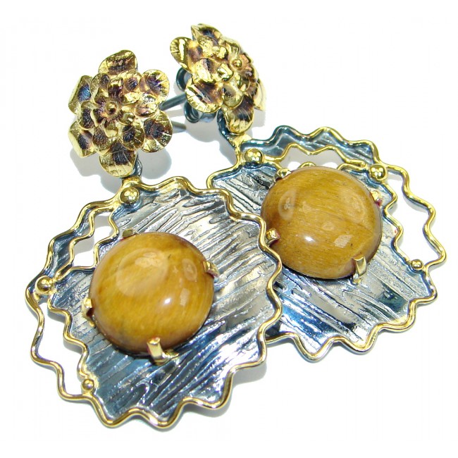 Large! Gorgeous AAA Tigers Eye, Gold Plated, Rhodium Plated Sterling Silver Earrings