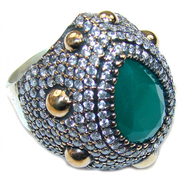 Victorian Style! Green Emerald & White Topaz Sterling Silver ring s. 9