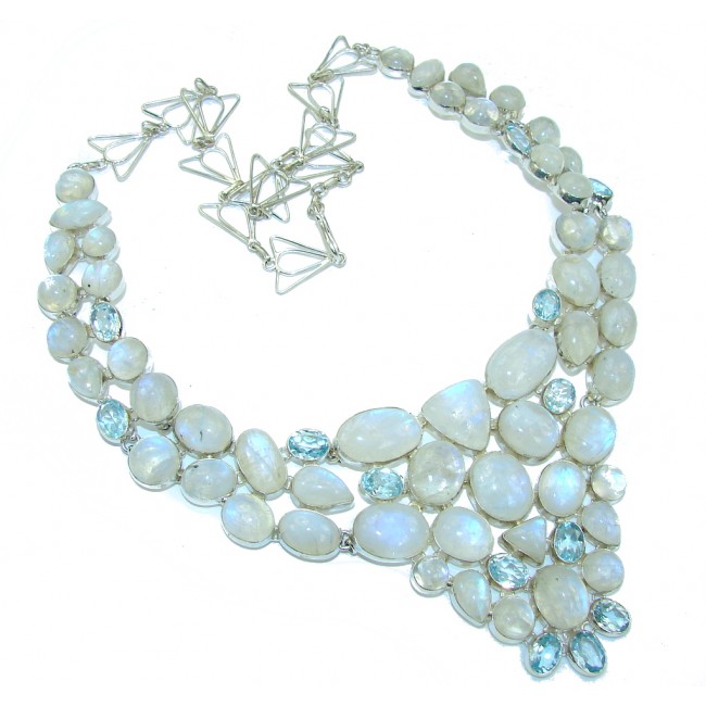 Pure In Heart! White Fire Moonstone & Swiss Blue Topaz Sterling Silver necklace