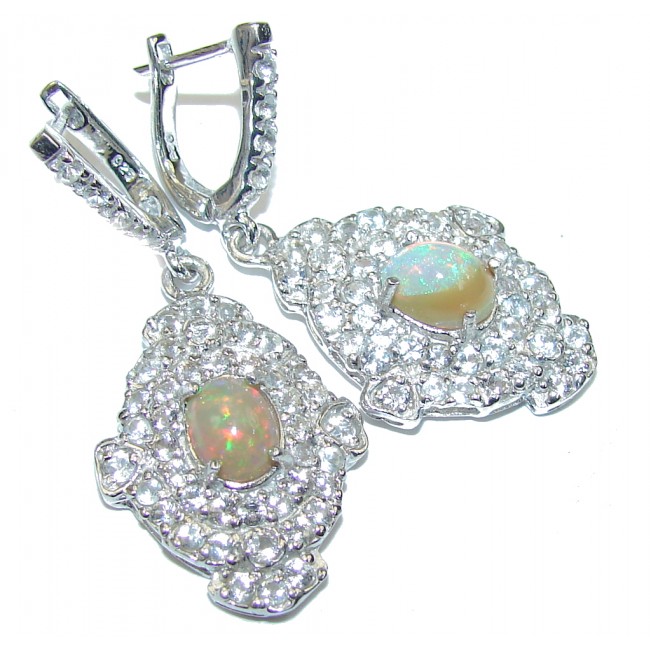 Natural Hot Rainbow Fire Opal & White Topaz Sterling Silver earrings