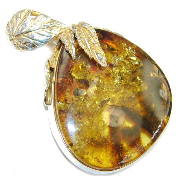 Exclusive Design! AAA Baltic Polish Amber, Two Tones Sterling Silver Pendant
