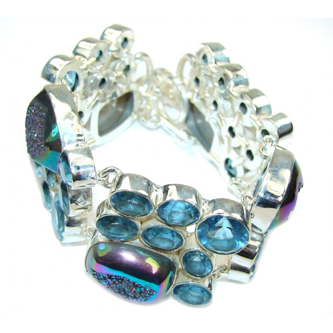 Touch Of Life! AAA Blue Topaz & Rainbow Druzy Sterling Silver Bracelet