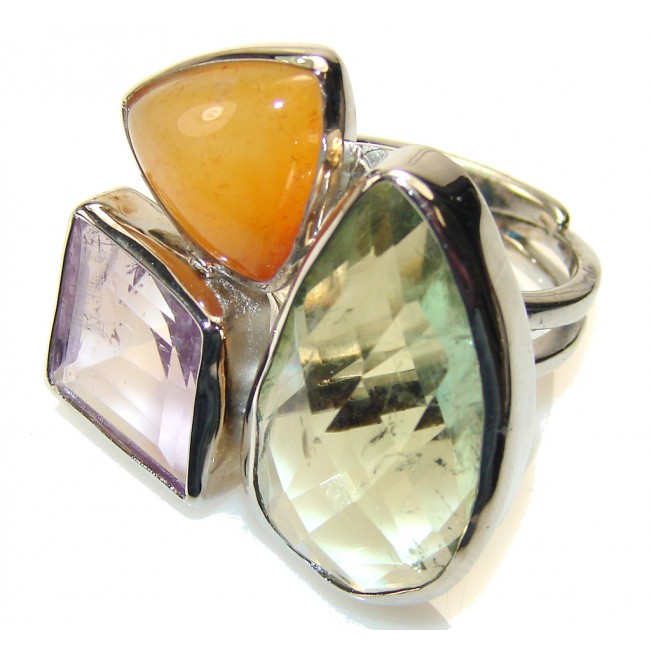 Excellent Green Amethyst Sterling Silver ring s. 7 - Adjustable
