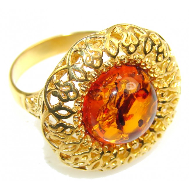 Beautiful 14ct. Gold Plated Polish Amber Sterling Silver Ring s. 9 1/4