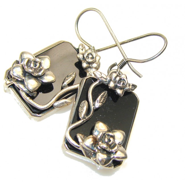 Flower Design!! Black Onyx Sterling Silver earrings