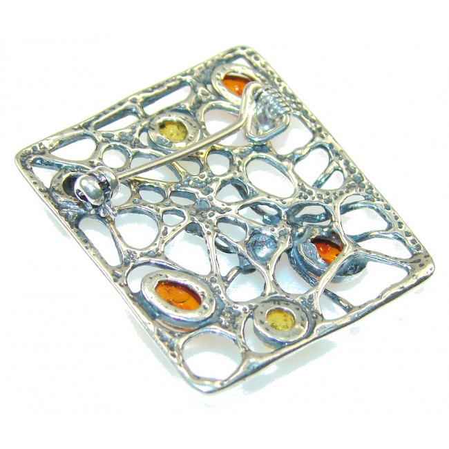 Stylish Multicolor Polish Amber Sterling Silver Pendant / Brooch
