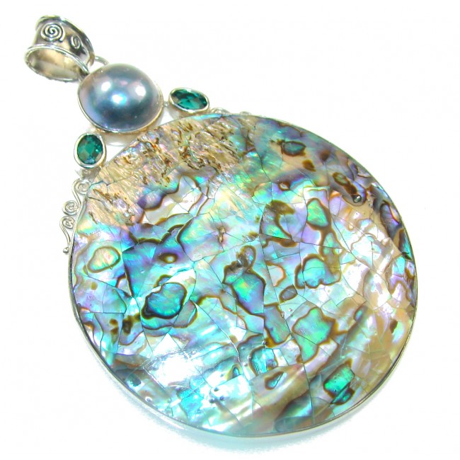 Giant!! Beautiful Rainbow Abalone Sterling Silver Pendant