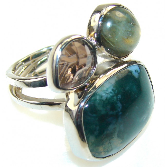 Excellent Green Moss Agate Sterling Silver ring s. 6 - Adjustable