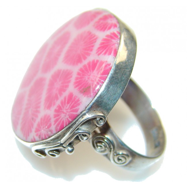 Perfect Pink Fossilized Coral Sterling Silver ring s. 6