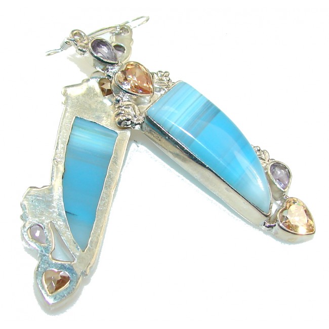 Big!! Fantastic Blue Botswana Agate Sterling Silver earrings / Long