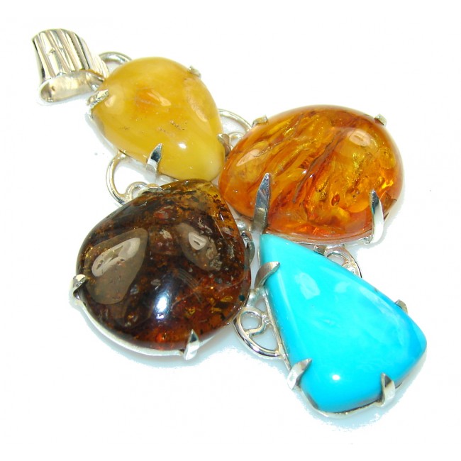 Gorgeous Design!! Polish Amber & Turquoise Sterling Silver Pendant