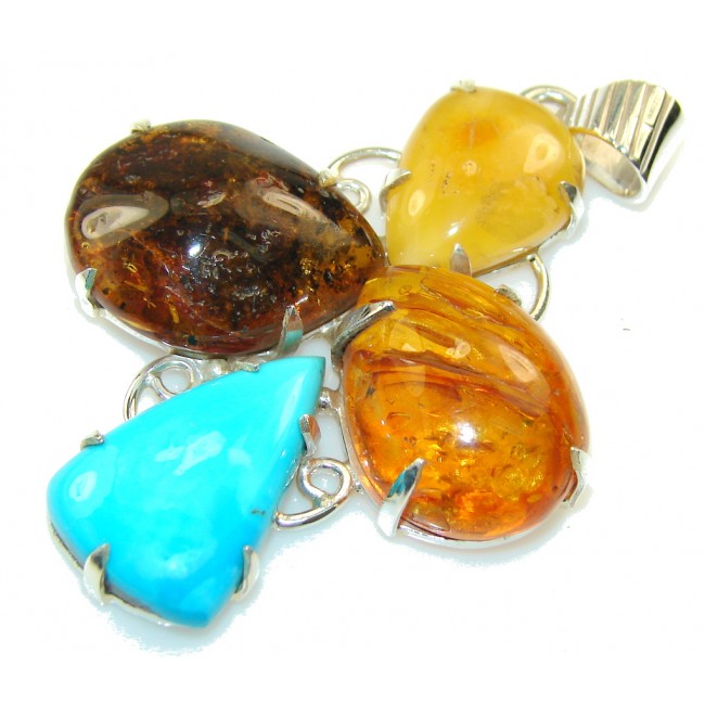 Gorgeous Design!! Polish Amber & Turquoise Sterling Silver Pendant