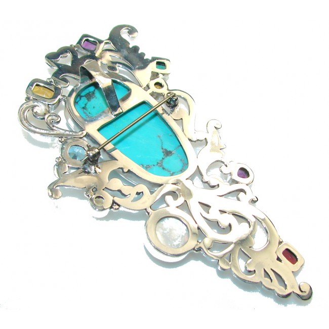 Huge!! Classy Blue Turquoise Sterling Silver Pendant / Brooch
