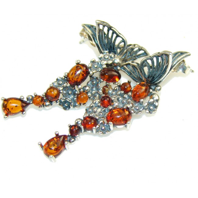 Amazing Design!! Brown Polish Amber Sterling Silver earrings