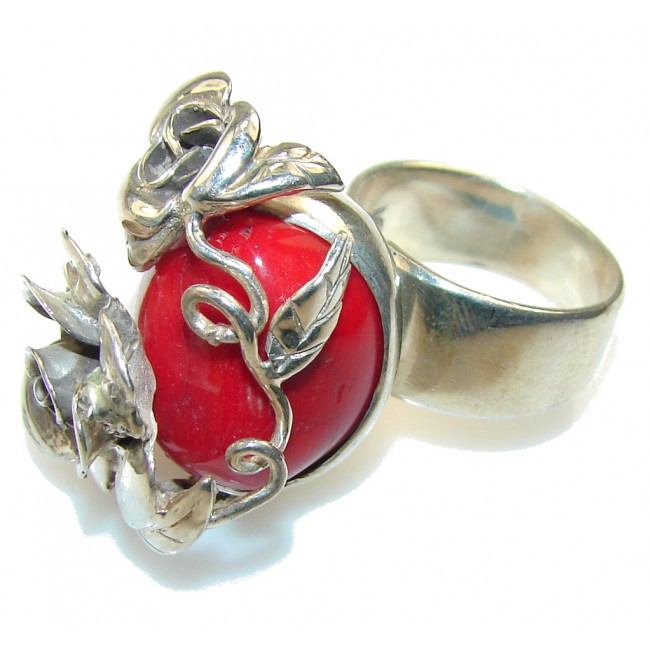 New Design!! Red Fossilized Coral Sterling Silver ring s. 9