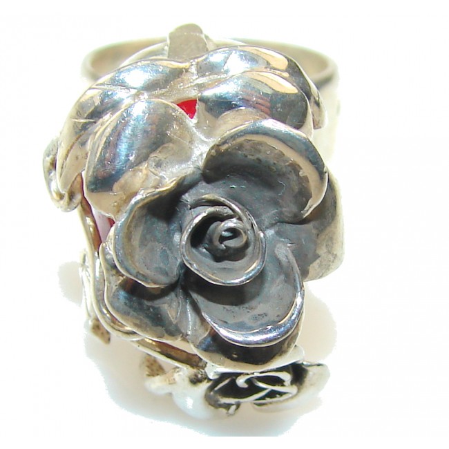 New Design!! Red Fossilized Coral Sterling Silver ring s. 9
