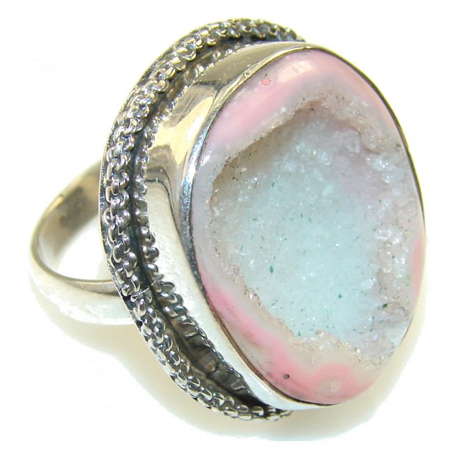 Classic Pink Agate Druzy Sterling Silver Ring s. 9