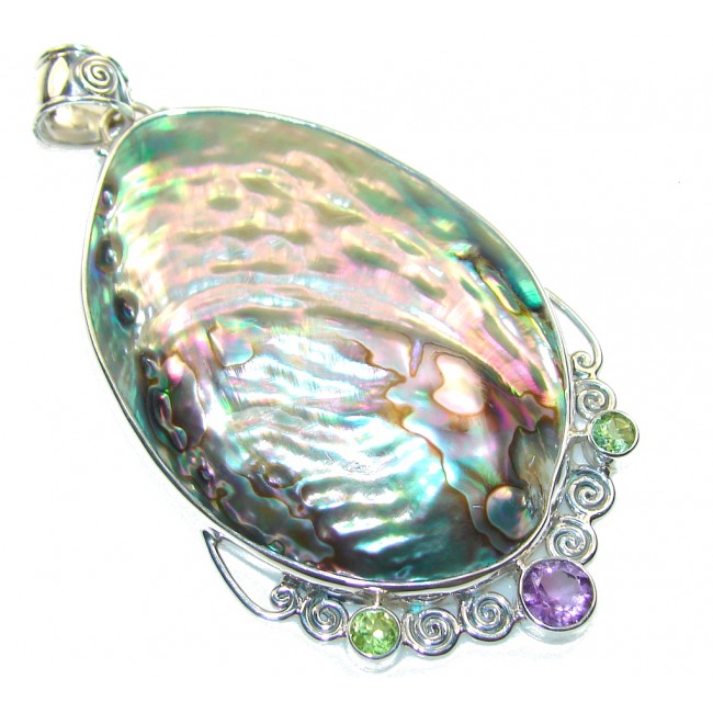 Big! Delicate Rainbow Abalone Sterling Silver Pendant