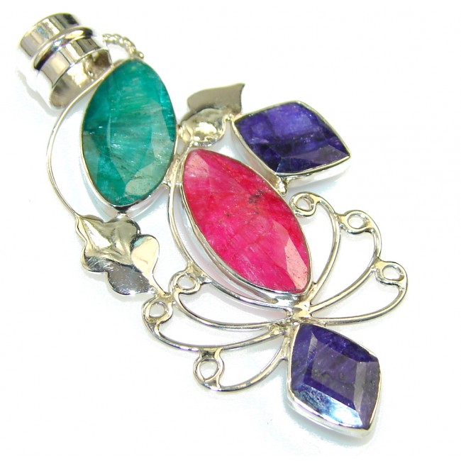 Natural Pink Ruby & Emerald & Sapphire Sterling Silver Pendant