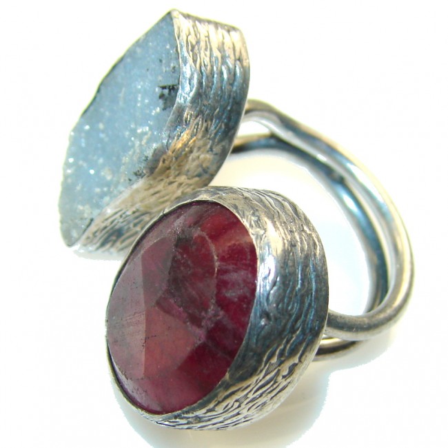 New Vintage!! Ruby & Druzy Sterling Silver Ring s. 8 -Adjustable