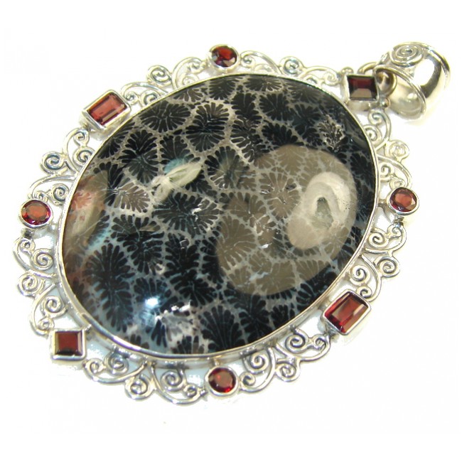 Excellent Black Fossilized Coral Sterling Silver pendant