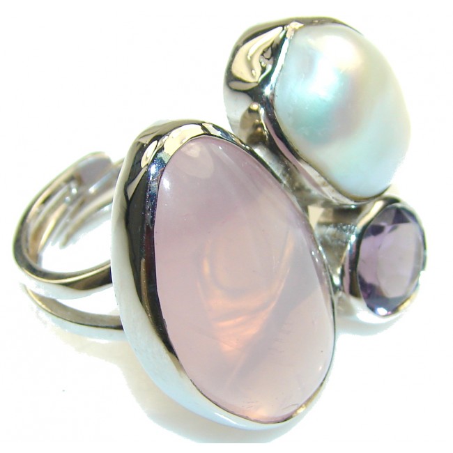 Precious Design Rose Quartz Sterling Silver ring; s. 7 - adjustable