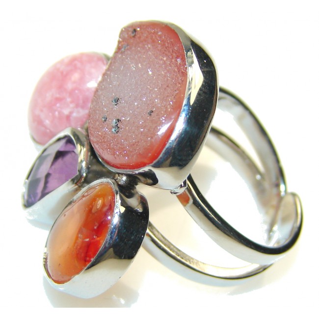 Aura Of Beauty Agate Druzy Sterling Silver Ring s. 8 - Adjustable