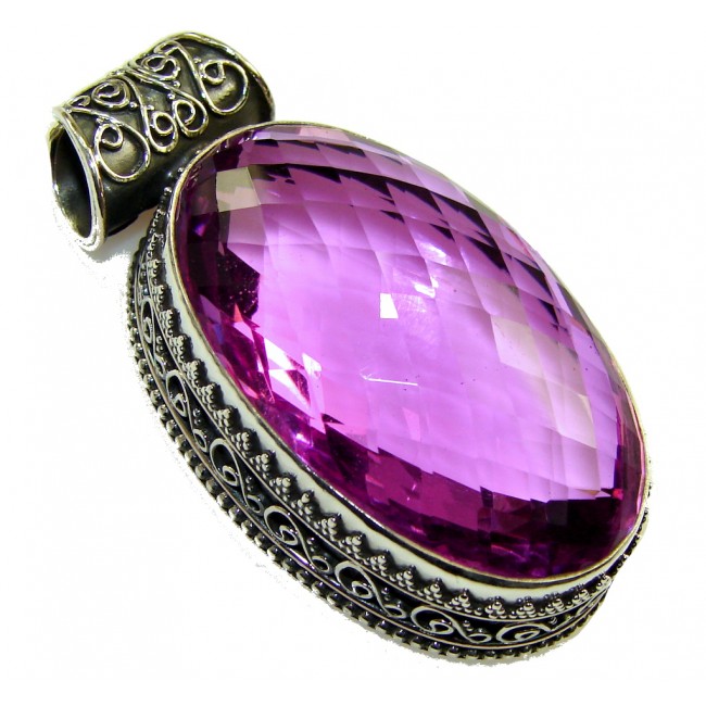 Large! Created Pink Sapphire Stering Silver Pendant