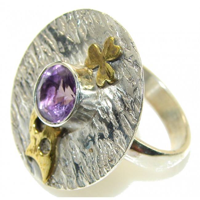 New! Two Tones Faceted Amethyst Sterling Silver Ring s. 8 3/4