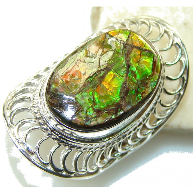 Fabulous Red Rainbow Ammolite Sterling Silver ring s. 10