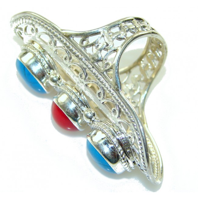 Big! Stylish Turquoise & Coral Sterling Silver Ring s. 10