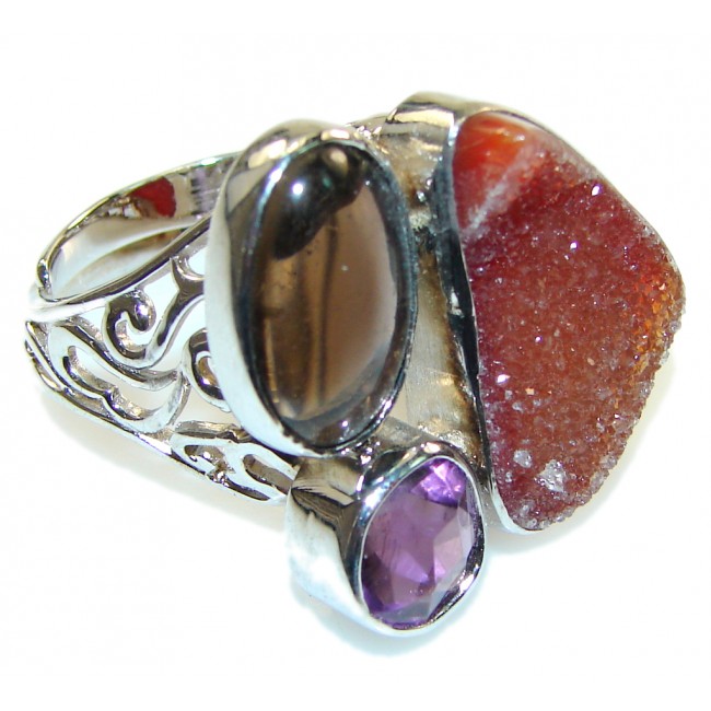 Classy Brown Agate Druzy Sterling Silver Ring s.7 - Adjustable