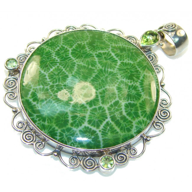 Excellent Green Fossilized Coral Sterling Silver pendant