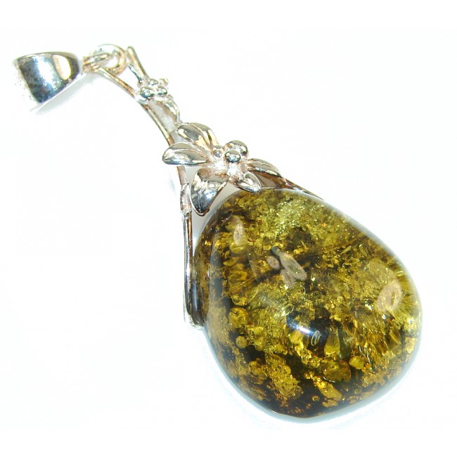 Excellent Green Polish Amber Sterling Silver Pendant