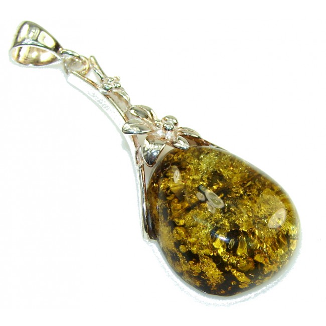 Excellent Green Polish Amber Sterling Silver Pendant