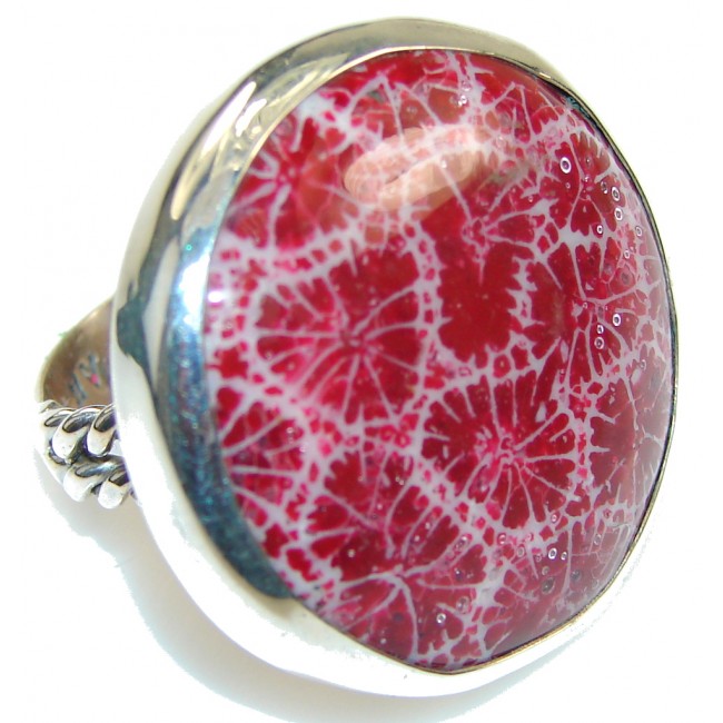 Fantastic Red Fossilized Coral Sterling Silver ring s. 6