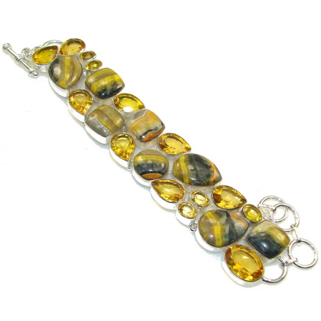 Natural Beauty! Yellow Bumble Bee Jasper Sterling Silver Bracelet