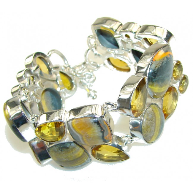 Natural Beauty! Yellow Bumble Bee Jasper Sterling Silver Bracelet