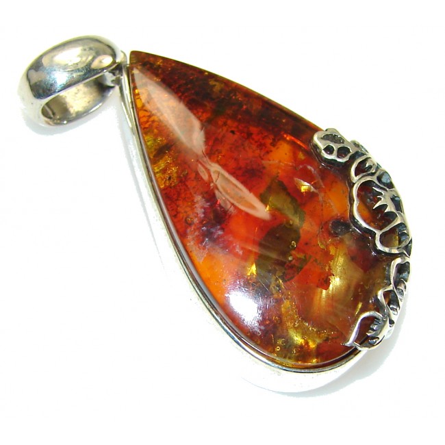 Amazing Brown Polish Amber Sterling Silver Pendant