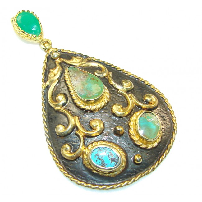 Large! New Secret Design!! Turquoise, Two Tones Sterling Silver Pendant