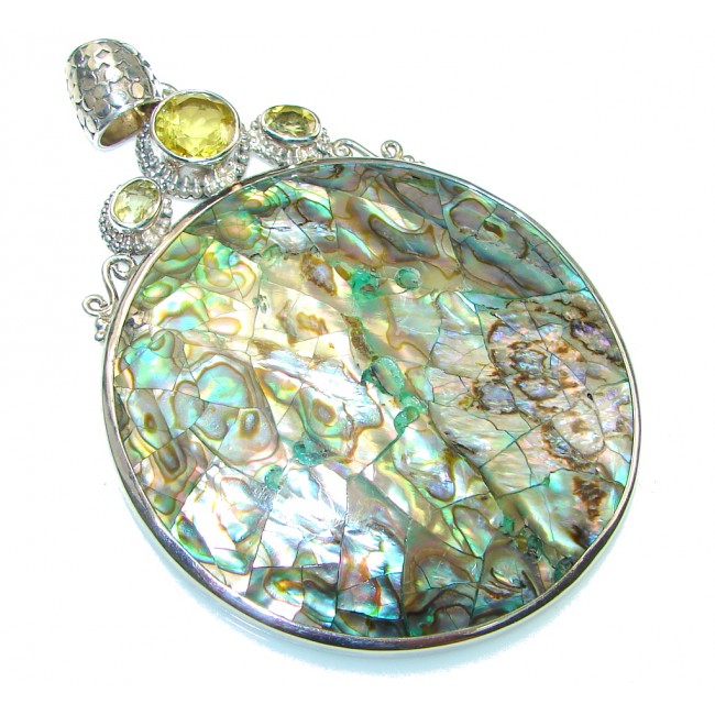Big! Excellent Rainbow Abalone Sterling Silver Pendant