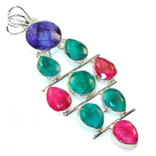 Paradise! Green Emerald, Ruby, Sapphire Sterling Silver Pendant