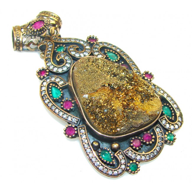 Victorian Style Golden Druzy Sterling Silver Pendant