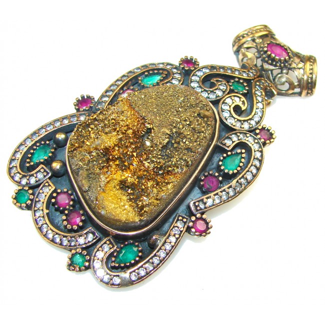 Victorian Style Golden Druzy Sterling Silver Pendant