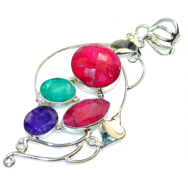 Natural!! Pink Ruby, Emerald, Sapphire Sterling Silver Pendant
