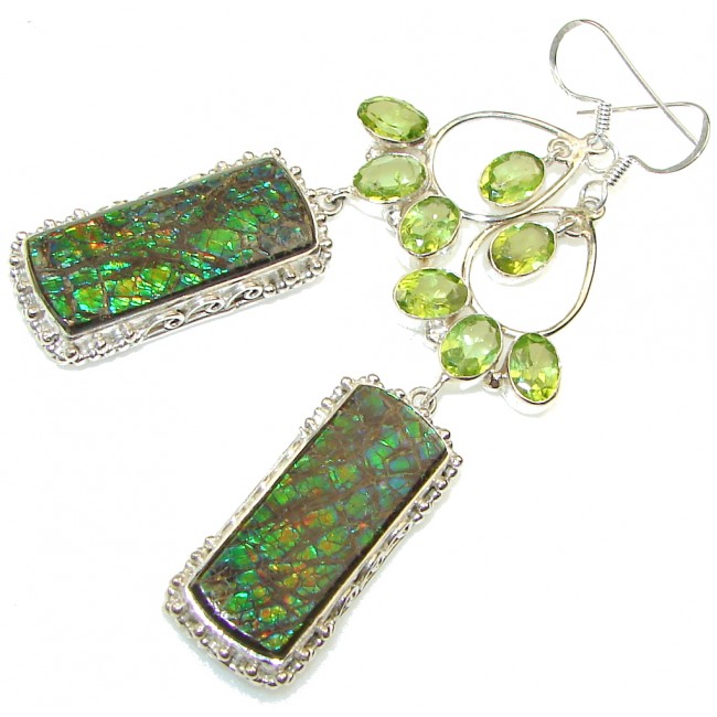 Beautiful Style!! Green Ammolite Sterling Silver earrings / Long