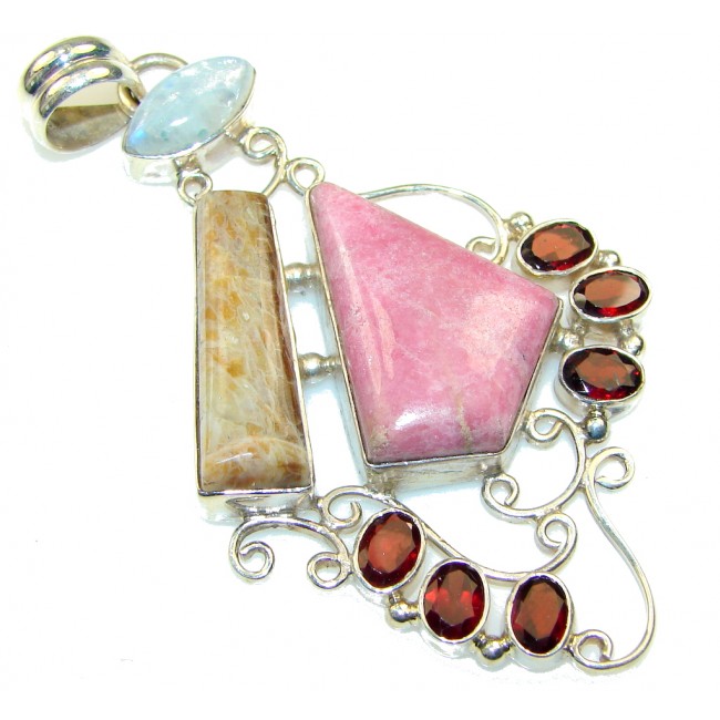 Large! Special Moment!! Pink Rhodonite Sterling Silver Pendant