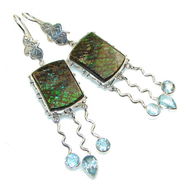 Secret Design!! Green Ammolite Sterling Silver earrings / Long